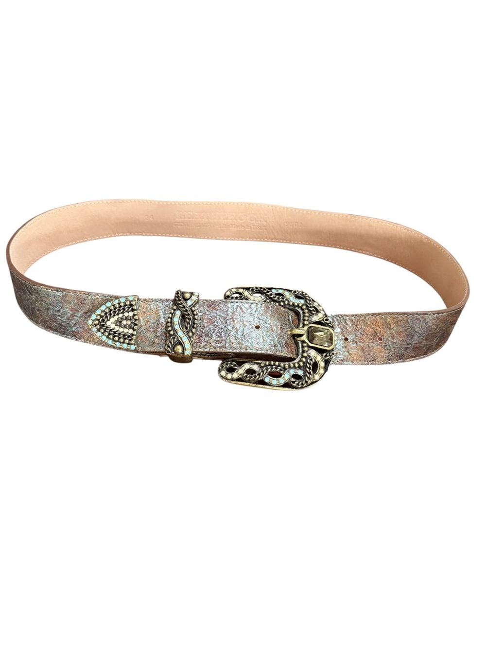 Leatherock Metallic Gold Tone Chunky Western Belt with Turquoise Accents Size 34